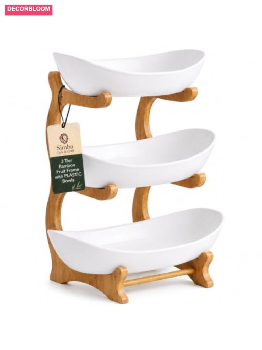 3 Tier Plastic Fruit Basket with Sturdy Bamboo Stand, Detachable Bowls, Serving